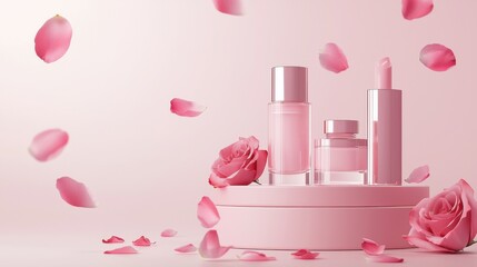 Pink product podium placement on solid background with rose petals falling. Luxury premium beauty, fashion, cosmetic and spa gift stand presentation. Valentine day present showcase.