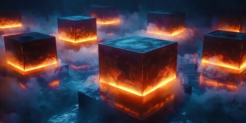Series of cubes with fire on them