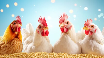 Happy Hens: A delightful group of chickens, showcasing a variety of plumage, sits contentedly amidst a scattering of grain.  A charming image perfect for farm-fresh themes and springtime celebrations.