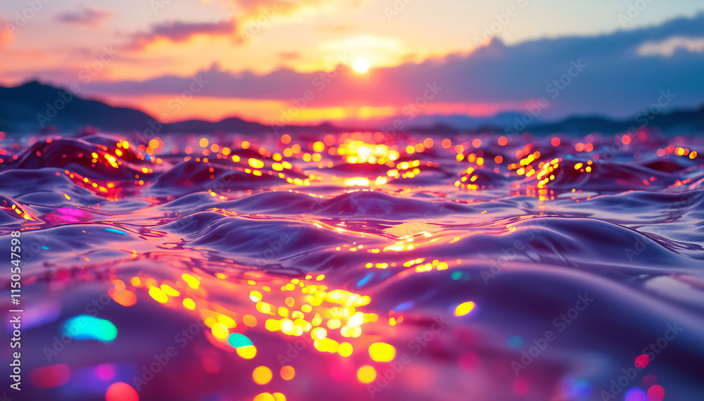Wall mural a close-up view of ocean waves reflecting vibrant colors during sunset. the water surface is shimmer
