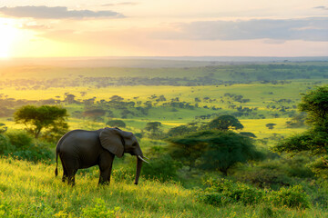 Naklejka premium Majestic Elephant Standing on Hilltop Overlooking Serene African Landscape at Sunset