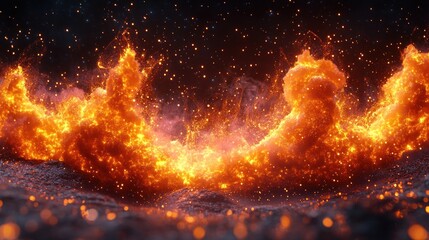 Fiery flames erupting from a dark ground covered in sparks.