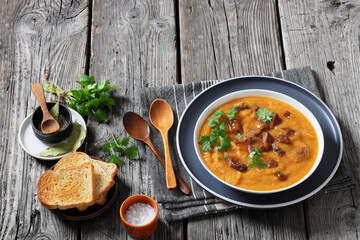 creamy carrot beef soup in a white bowl
