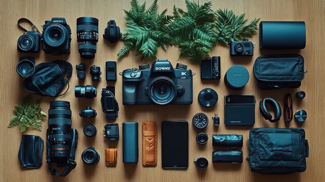 Flat lay of professional photography equipment.