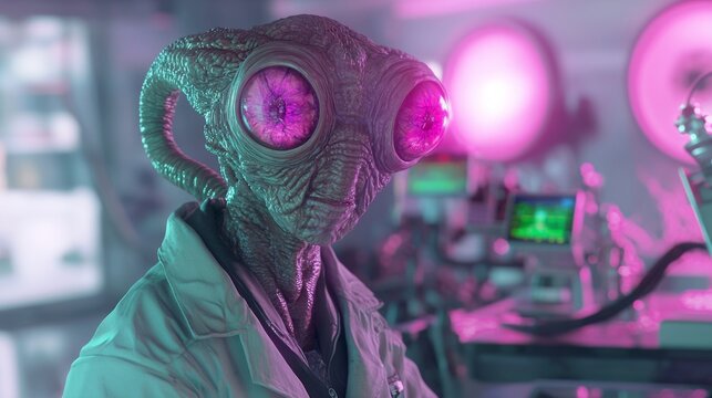 Alien Scientist - Curious Extraterrestrial with Multiple Eyes Examining Specimens in High-Tech Laboratory - 3D Digital Artwork