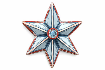 Blue and Red Decorative Star Emblem with Glossy Surface and Central Gemstone in a Detailed Artistic Design