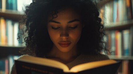 Woman reading book in bookstore composition background 