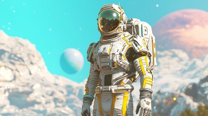 Fototapeta premium Futuristic Space Explorer in Ultra-Detailed Spacesuit Admiring Distant Planets and Stars in Zero Gravity Exploration - 3D Render Digital Artwork