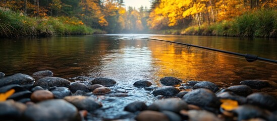 Fly fishing rod on a rocky riverbank in autumn.