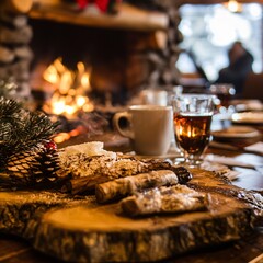 Christmas celebration with delicious treats by the cozy fireplace warm atmosphere holiday spirit