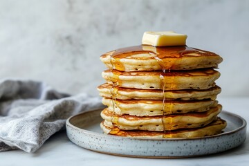 A delicious stack of fluffy pancakes is generously drizzled with rich maple syrup. Topped with a melting pat of butter, this sweet dish is perfect for breakfast or brunch, evoking comfort and enjoymen
