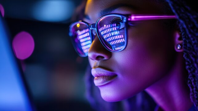 Focused young woman looking at computer screen at night, illuminated by vibrant neon lights reflected in her glasses.