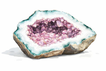Vibrant Geode with Pink Crystals and Striking Green and White Bands on Natural Stone Surface