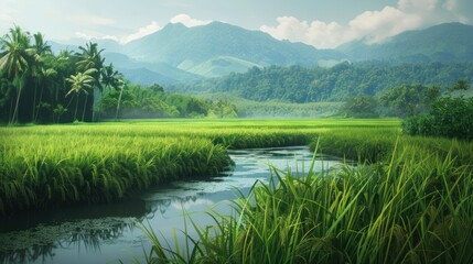 Lush green rice paddy field beside a tranquil river flowing through a tropical valley, with misty mountains in the background.
