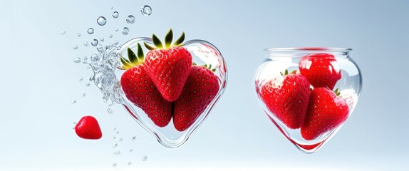 Photorealistic strawberry hearts, water splash, crystal clear droplets, high-speed photography, vibrant red, green stem, white background, macro shot, crisp details, refreshing, romantic, Valentine's 