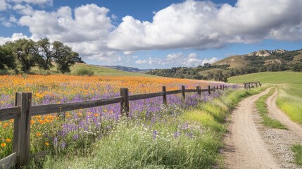 Fototapeta premium Wooden farm fence with flowers composition background 