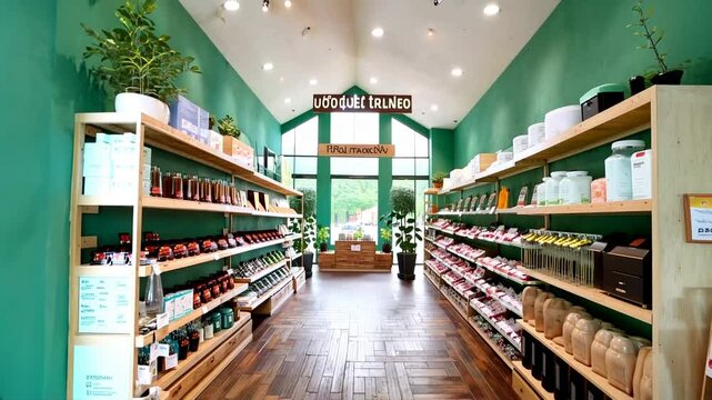 Zero waste store interior with sustainable products on shelves