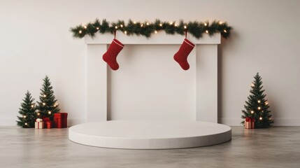 Fototapeta premium Christmas mantelpiece decorated with garland, red stockings, and miniature Christmas trees.