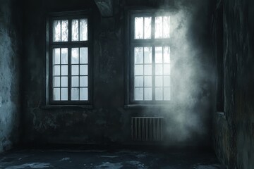 Abandoned Room With Fog and Dusty Windows Creating a Mysterious Atmosphere in an Old Building During the Early Morning