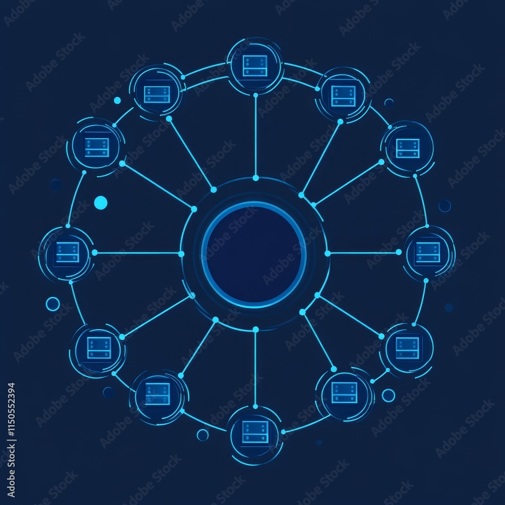 Aufkleber Visual Representation of a Network System Showcasing Interconnected Nodes and Data Flow Using Blue Digital Elements on a Dark Background