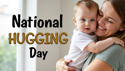 Heartwarming illustration of a mother and child hugging on a grey background for National Hugging Day.