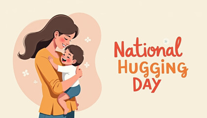 Beautiful illustration of a mother and child hugging on a peach background for National Hugging Day.