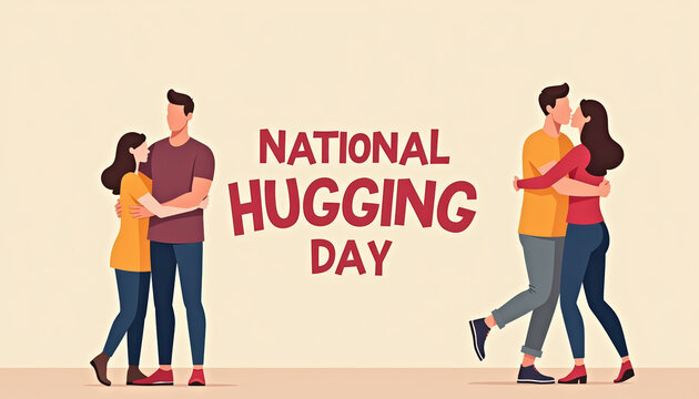 Heartwarming illustration of a couple hugging in celebration of National Hugging Day with bold text on a cream background. - Powered by Adobe