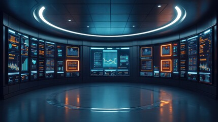 Futuristic control room with glowing data displays.