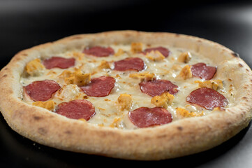 details of the pizza application; juicy pizza from the oven with mushrooms, tomatoes and bacon and sprinkled with parmesan cheese