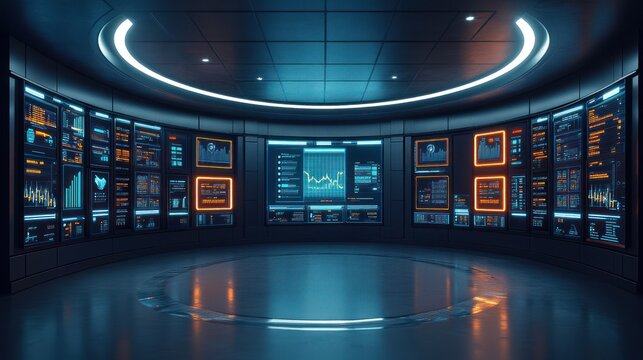 Futuristic control room with glowing data displays.