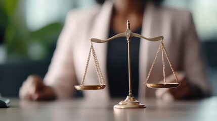 Golden balance scale on a wooden desk with a blurred professional in the background. Justice and law concept