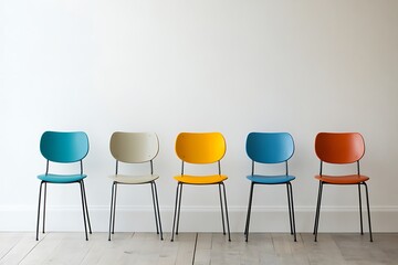 Five colorful chairs in a row against a white wall