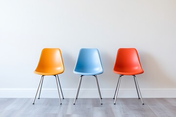 Three empty colorful chairs in waiting room facing white wall