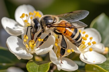 Close-up of a bee collecting pollen from white flowering plants in daylight