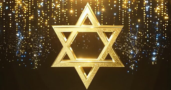 A festive scene featuring a golden Hanukkah card with a glowing Star of David, surrounded by slowly dancing sparkling lights, creating a warm holiday ambiance
