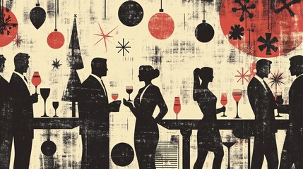 Christmas cocktail party celebration urban venue graphic illustration festive atmosphere silhouetted figures