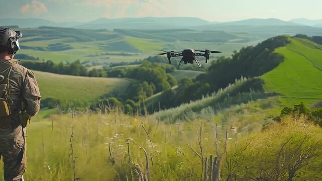 Soldiers monitoring drone operation in a vast green landscape during daytime