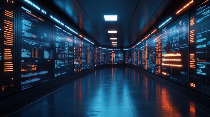Futuristic server room with glowing data displays.