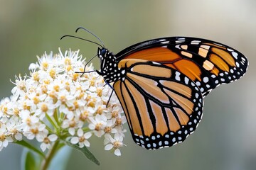 Fototapeta premium Monarch butterfly resting on white flowers in a garden during the summer afternoon