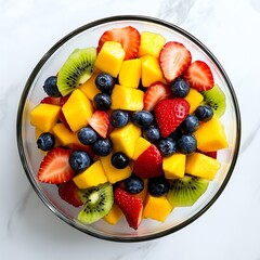 A fresh and vibrant fruit salad featuring strawberries, blueberries, kiwi