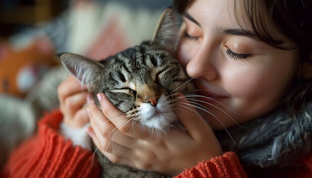 a person sneezing while petting a cat or dog, with visible fur and dander in the air.