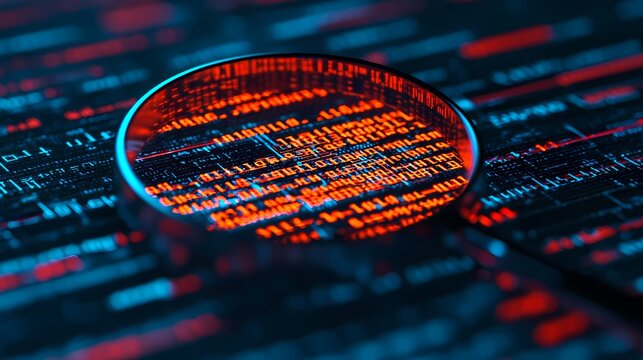 A magnifying glass focuses on glowing code, revealing intricate details amidst a dark, digital background.