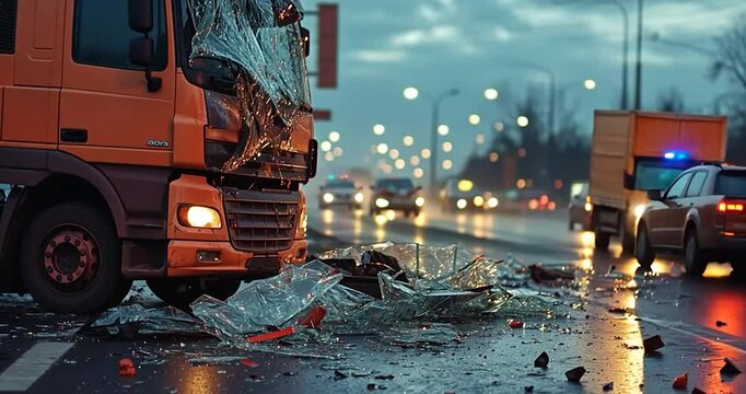 A front-facing image of a truck with a destroyed grille and cracked windshield after a collision on the highway.