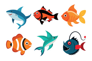 Fototapeta premium Set of Underwater Life Sea Fish Vector Illustration