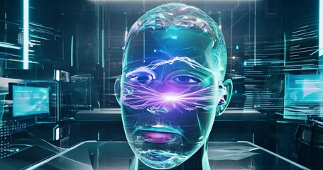 A futuristic digital head made of translucent glass, illuminated by pulsating neon lights, with streams of data flowing around it in a high-tech laboratory setting.