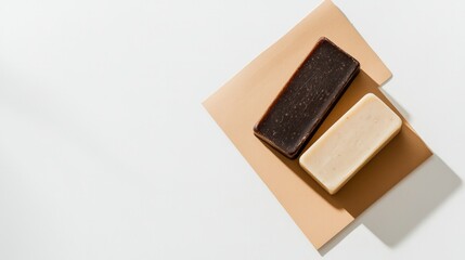 Beige and brown soap bars on a light beige top view with hard shadows perfect for packaging mockups Organic skincare products for face and body care