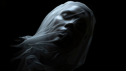 Naklejka premium Mysterious face covered in translucent fabric with dramatic shadows on a dark background.