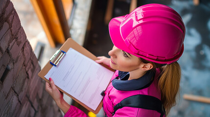 Female Construction Inspector in Pink Hard Hat Documenting Mold Assessment