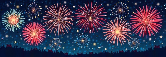 Fototapeta premium Multicolor fireworks with cityscape at twilight time