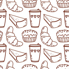 Hand Drawn Doodle Coffee Seamless Pattern. Cafe Contour Elements: Croissant, Coffee, Cheesecake, cupcake.